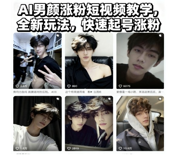 AI男颜涨粉短视频教学，全新玩法，快速起号涨粉-创业项目网