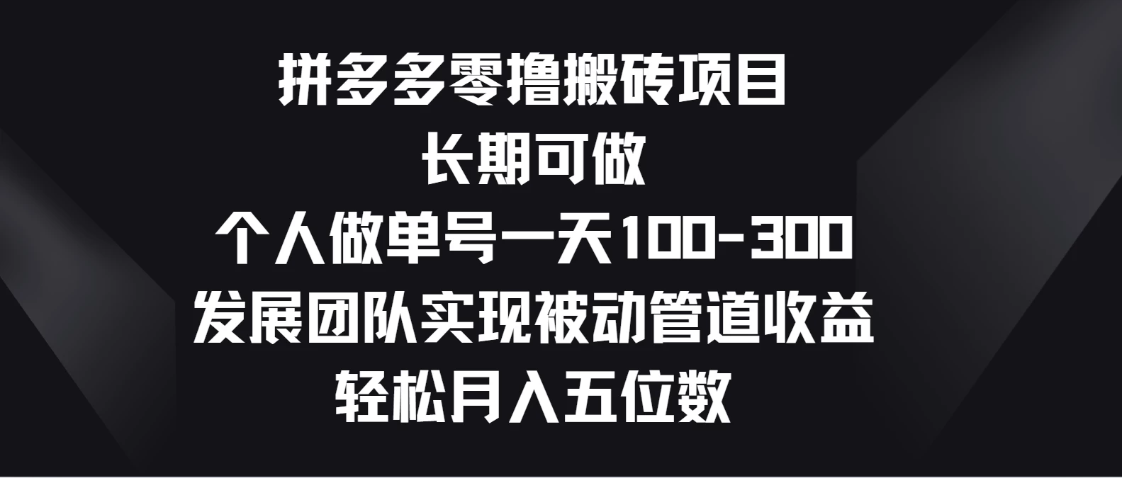 拼多多零撸搬砖项目，长期可做，个人做单号一天100-300，发展团队实现被动管道收益，轻松月入五位数-创业项目网