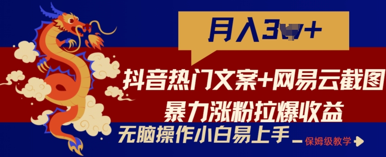 抖音热门文案+网易云截图暴力涨粉拉爆收益玩法，小白无脑操作，简单易上手-创业项目网