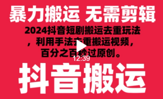 2024最新抖音搬运技术，抖音短剧视频去重，手法搬运，利用工具去重，达到秒过原创的效果-创业项目网