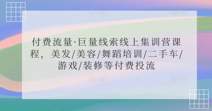 付费流量·巨量线索线上集训营课程，美发/美容/舞蹈培训/二手车/游戏/装修等付费投流-创业项目网