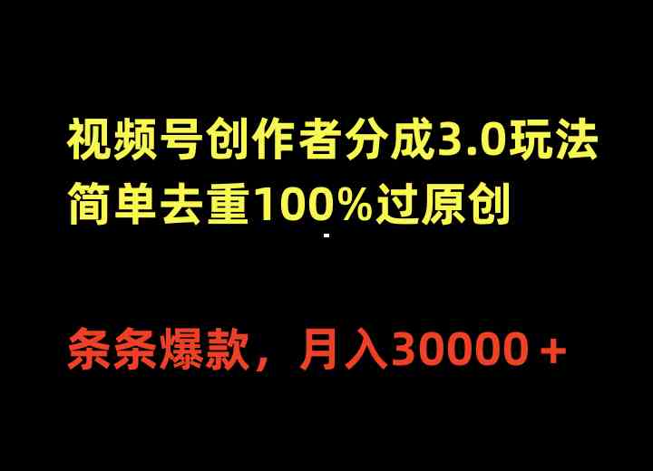 （10002期）视频号创作者分成3.0玩法，简单去重100%过原创，条条爆款，月入30000＋-创业项目网