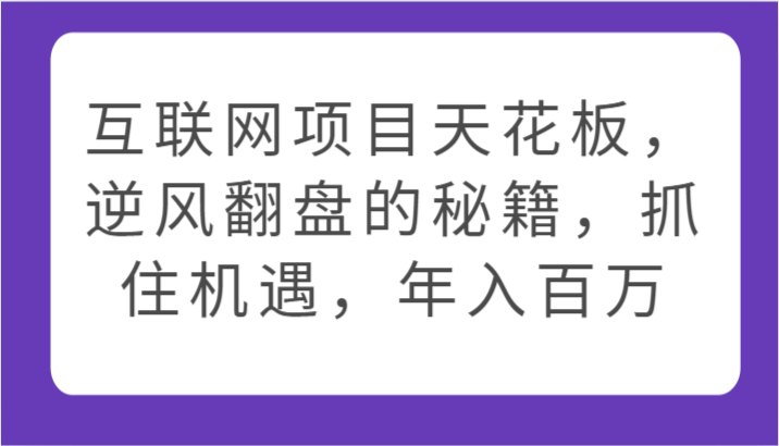 互联网项目天花板，逆风翻盘的秘籍，抓住机遇，年入百万-创业项目网