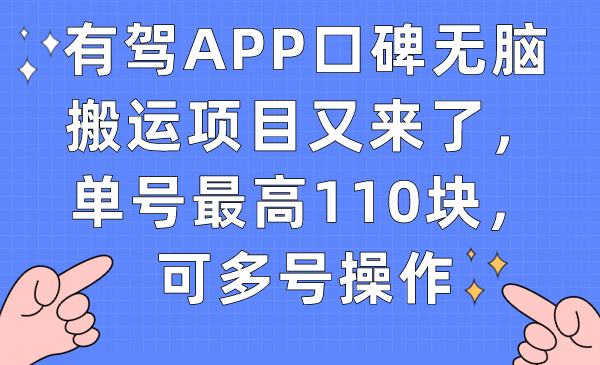 有驾APP口碑无脑搬运项目又来了，单号最高110块，可多号操作-创业项目网