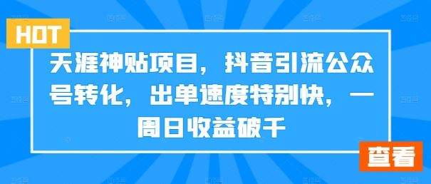 天涯神贴项目，抖音引流公众号转化，出单速度特别快，一周日收益破千-创业项目网