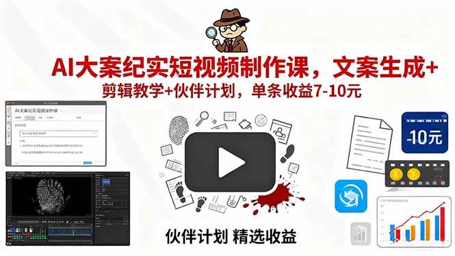 （15992期）AI大案纪实短视频制作课，文案生成+剪辑教学+伙伴计划，单条收益7-10元-创业项目网