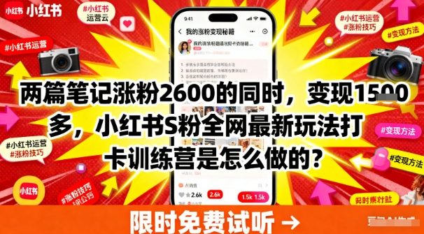 两篇笔记涨粉2600的同时，变现多张，小红书S粉全网最新玩法打卡训练营是怎么做的？-创业项目网