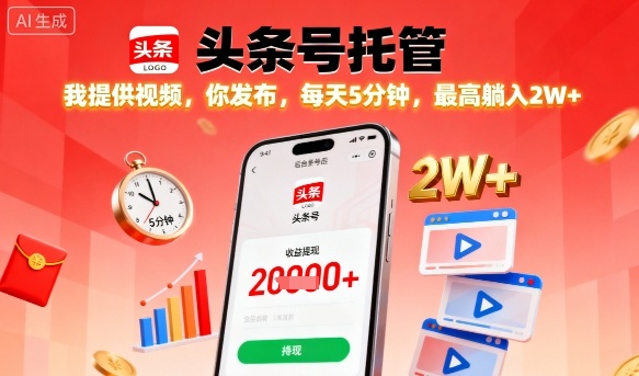 【头条号托管】我提供视频，你发布，每天5分钟，最高躺入2W+【揭秘】-创业项目网