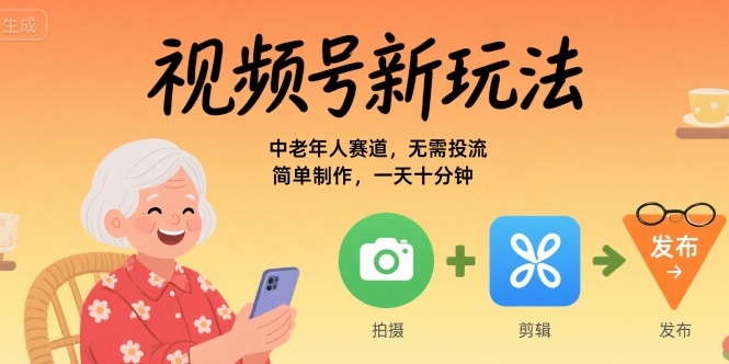 视频号新玩法，中老年人赛道，无需投流，简单制作，一天十分钟，月入1W-创业项目网