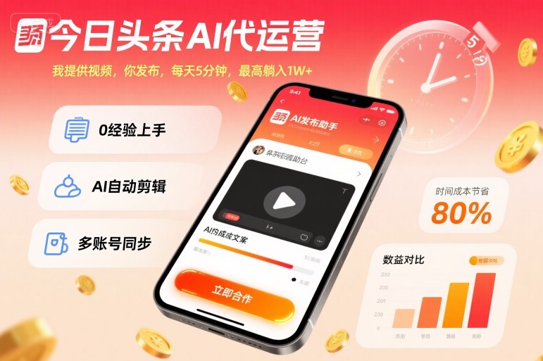 今日头条AI代运营，我提供视频，你发布，每天5分钟，最高躺入1W+【揭秘】-创业项目网