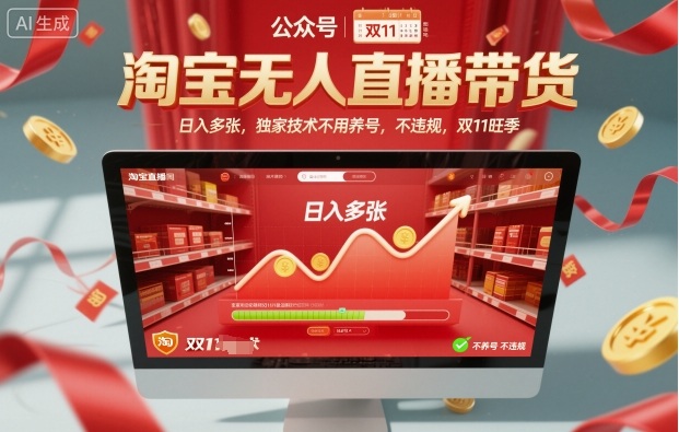 淘宝无人直播带货，日入多张，独家技术不用养号，不违规，双11旺季-创业项目网