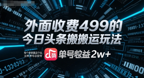 外面收费499的今日头条搬运玩法，有个老铁靠这个玩法单号总收益2w+-创业项目网
