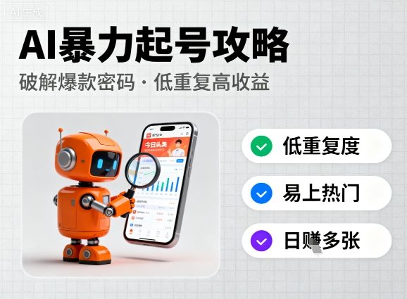 今日头条新玩法，AI暴力起号，重复度低，更容易爆，日入多张-创业项目网