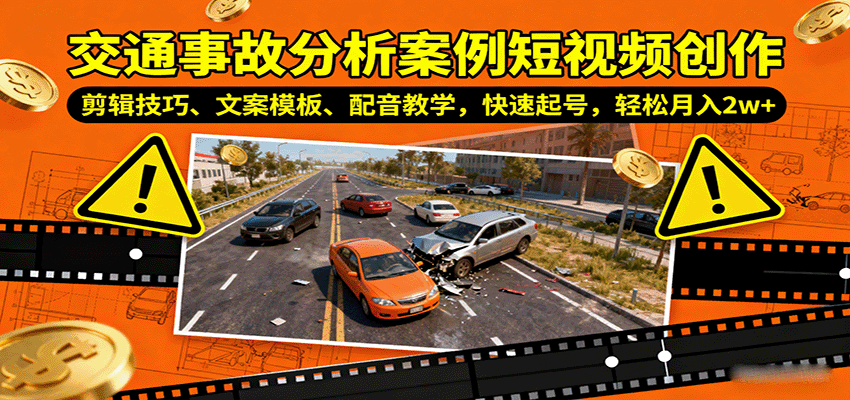 交通事故分析案例短视频创作，剪辑技巧、文案模板、配音教学，快速起号，轻松月入2w+-创业项目网