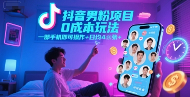 抖音男粉项目0成本玩法，一部手机即可操作，日均4张+，时间自由-创业项目网