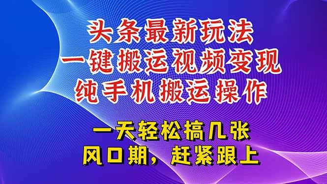 （15237期）今日头条最新玩法，一键搬运视频也能轻松变现，随随便便就爆百万流量，…-创业项目网