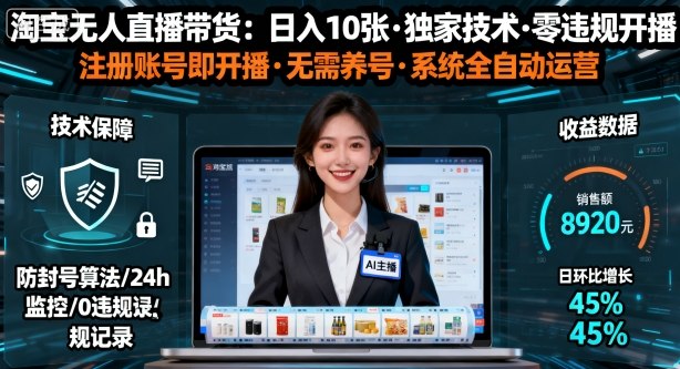 【最新】淘宝无人直播带货，日入10张，独家技术，无违规无封号，注册账号直接开播，不用养号【揭秘】-创业项目网