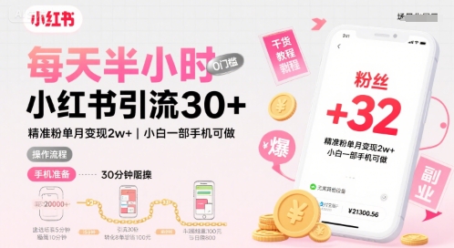 每天半小时小红书引流30+，精准粉单月变现2w+，小白新手一部手机可做，今天5分钟硬核实操-创业项目网