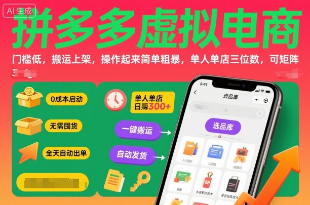 拼多多虚拟电商，门槛低，搬运上架，操作起来简单粗暴，单人单店三位数，可矩阵-创业项目网