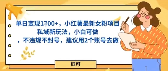 单日变现多张，小红薯最新女粉项目私域新玩法，小白可做，不违规不封号，建议用2个账号去做-创业项目网