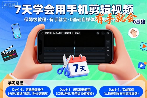 7天学会用手机剪辑视，保姆级教程，有手就会，0基础自媒体短视频创作教程-创业项目网