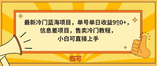 最新冷门蓝海项目，单号单日收益多张，信息差项目，售卖冷门教程，小白可直接上手-创业项目网