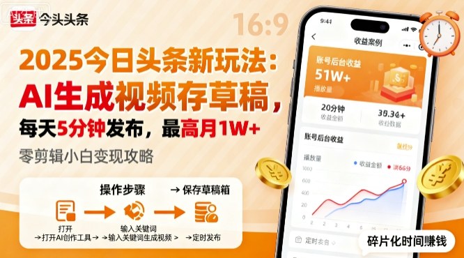 2025年今日头条躺賺新玩法，AI生成视频存草稿，每天5分钟发布，最高月1W+【揭秘】-创业项目网