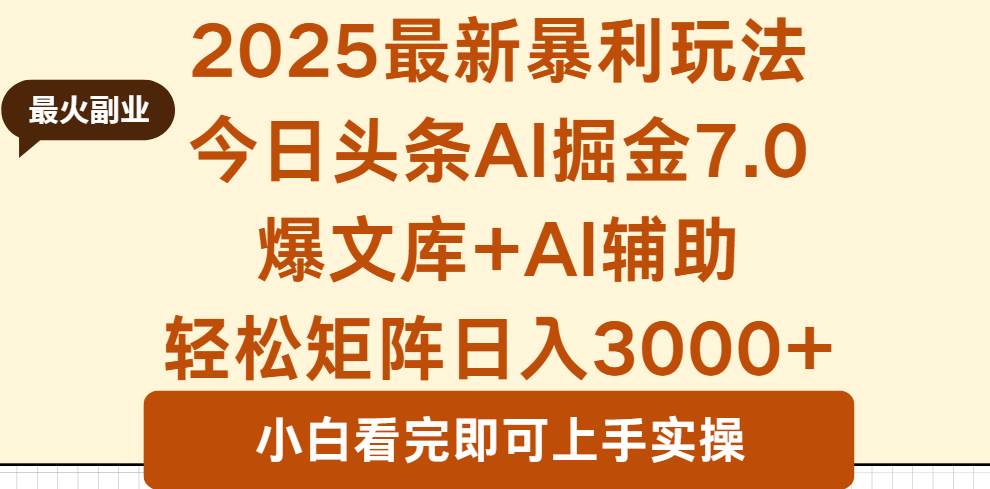 （16113期）2025年今日头条最新暴利玩法7.0，一键生成爆款，轻松实现矩阵日入3000+-创业项目网