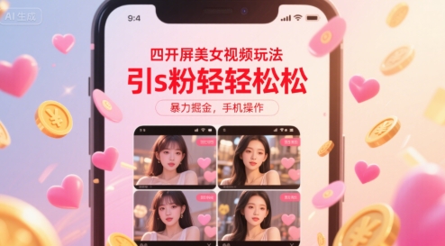 四开屏美女视频玩法，引s粉轻轻松松，暴力掘金，手机操作【揭秘】-创业项目网