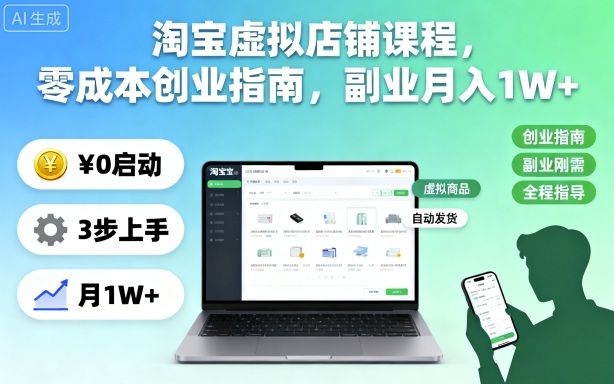淘宝虚拟店铺课程，零成本创业指南，副业月入1W+-创业项目网