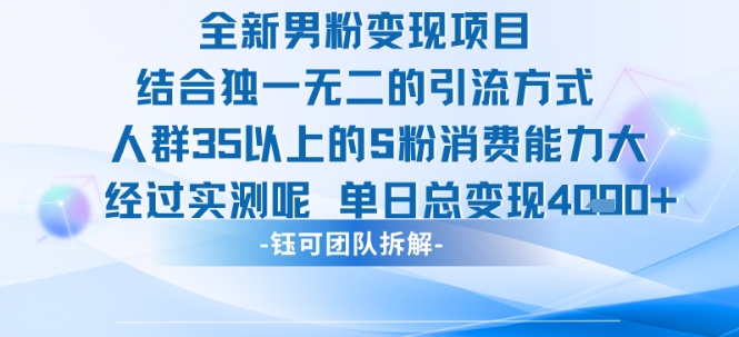 全新男粉变现项目引流人群35以上的男粉消费能力大 经过实测单日变现1k+-创业项目网