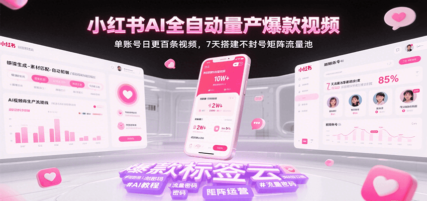 小红书AI全自动量产爆款视频，单账号日更百条视频，7天搭建不封号矩阵流量池-创业项目网