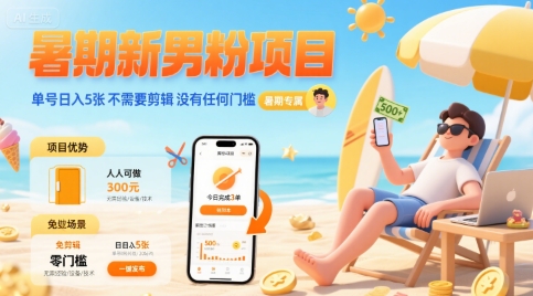 暑期新男粉项目 单号日入5张 不需要剪辑 没有任何门槛-创业项目网