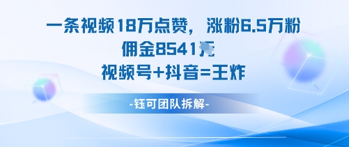 一条视频18W点赞，涨粉6.5W粉佣金8541米，视频号+抖音=王炸-创业项目网