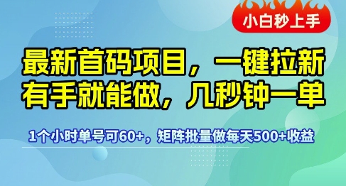 最新首码项目，一键拉新有手就能做，几秒钟一单，1个小时单号可60+，矩阵批量做每天5张【揭秘】-创业项目网