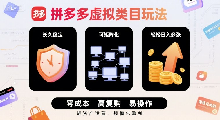 拼多多虚拟类目玩法，长久稳定，可矩阵化，轻松日入多张-创业项目网