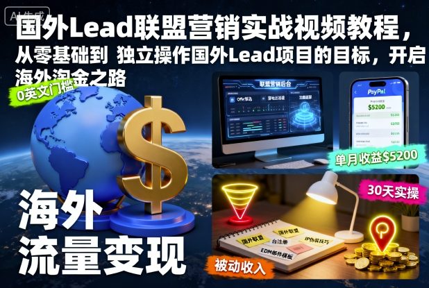 国外Lead联盟营销实战视频教程，从零基础到独立操作国外Lead项目的目标，开启海外淘金之路-创业项目网