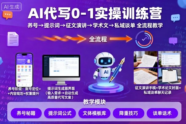 AI代写0-1实操训练营，从养号、提示词、征文演讲、学术文，到私域谈单的全流程教学-创业项目网