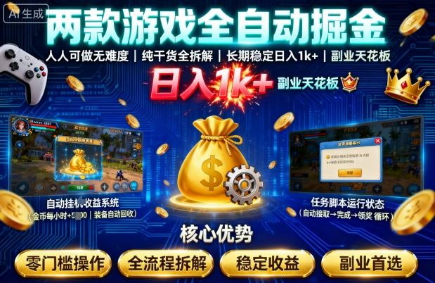两款游戏全自动掘金,人人可做无难度,纯干货全拆解,长期稳定,日入1k+,副业天花板【揭秘】