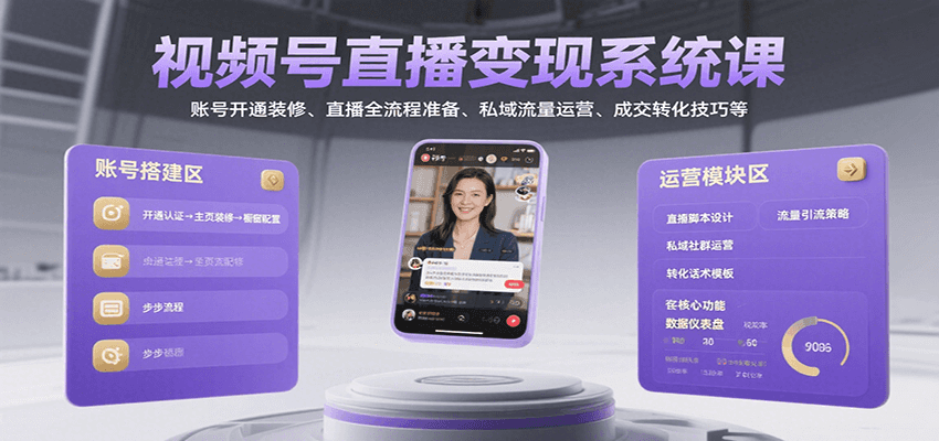 视频号直播变现系统课，账号开通装修、直播全流程准备、私域流量运营、成交转化技巧等-创业项目网