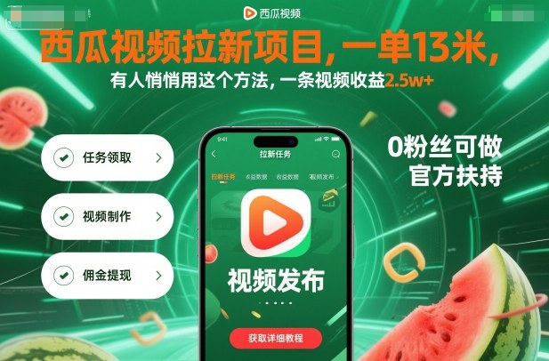 西瓜视频拉新项目，一单13米，有人悄悄用这个方法，一条视频收益2.5w+（附详细教程）-创业项目网