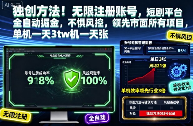 独创方法！无限注册账号，短剧平台全自动掘金，不惧风控，领先市面所有项目，单机一天3张【揭秘】-创业项目网