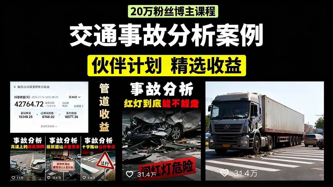 （15995期）交通事故分析案例短视频，剪辑技巧+文案模板+配音教学+快速起号 月收益2w+-创业项目网