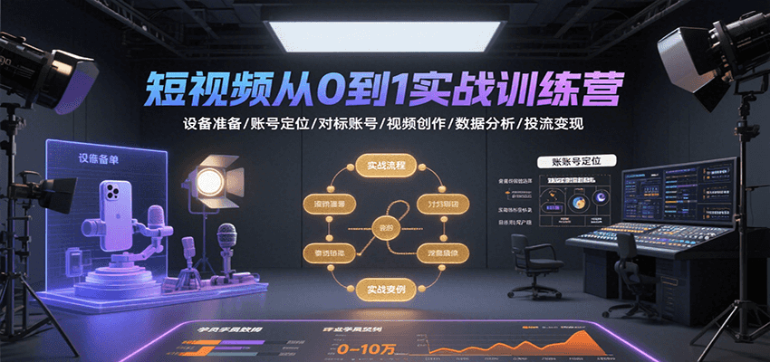短视频从0到1实战训练营：设备准备/账号定位/对标账号/视频创作/数据分析/投流变现-创业项目网