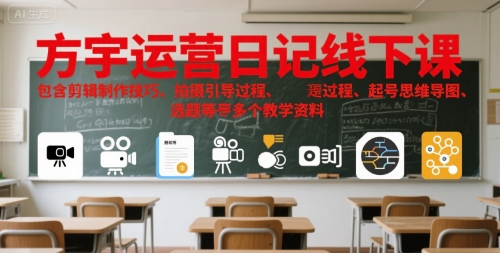 方宇运营日记线下课，包含剪辑制作技巧、拍摄引导过程、起号思维导图、选题等多个教学资料-创业项目网