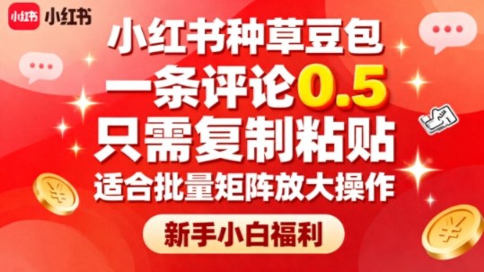 小红书种草豆包，一条评论0.5，只需复制粘贴，适合批量矩阵放大操作，新手小白福利-创业项目网