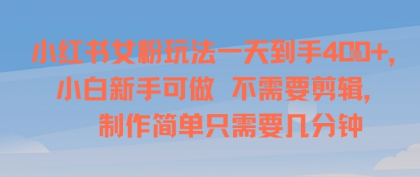 小红书女粉玩法一天到手4张，小白新手可做，不需要剪辑 制作简单只需要几分钟-创业项目网