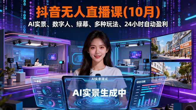 （16355期）抖音无人直播课(10月)，AI实景、数字人、绿幕、多种玩法、24小时自动盈利-创业项目网