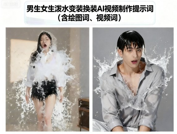 男生女生泼水变装换装AI视频制作提示词(含绘图词、视频词)-创业项目网