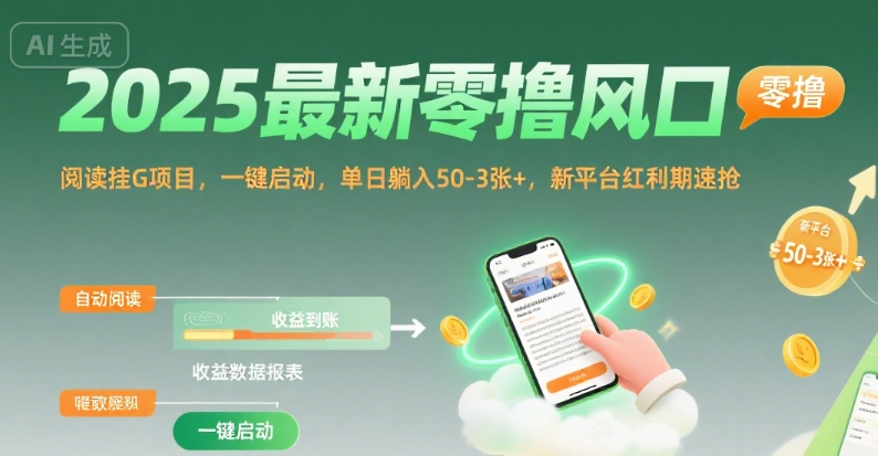 2025最新零撸风口，阅读挂G项目，一键启动，单日躺入 50-3张+，新平台红利期速抢【揭秘】-创业项目网